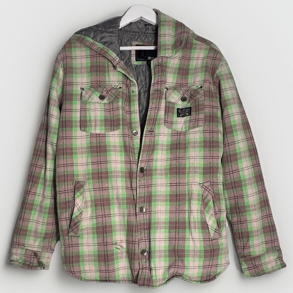 Rip Curl Hooded Flannel Shirt Button Up Men’s Size Large Green Gray Long Sleeve
